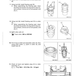 May include: Technical diagram illustrating the disassembly and assembly of a track roller. The image includes detailed drawings of components, tools, and steps, with measurements in cc and Nm. Text instructions accompany the diagrams.