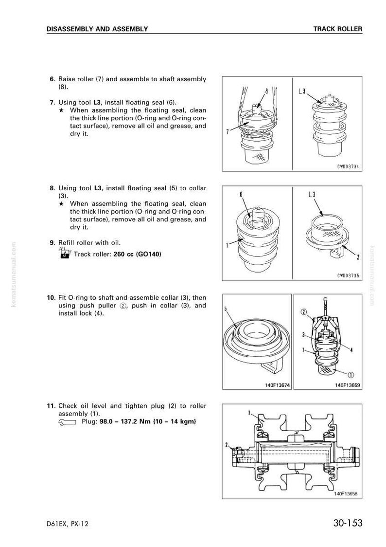 May include: Technical diagram illustrating the disassembly and assembly of a track roller. The image includes detailed drawings of components, tools, and steps, with measurements in cc and Nm. Text instructions accompany the diagrams.
