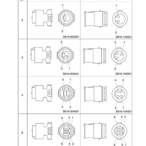 May include: Diagram of J Type Connectors, showing receptacle and plug connectors with 2, 3, 4, and 8 pins. Each connector type is illustrated with a side view and a front view, labeled with part numbers.