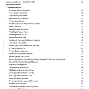 May include: A page from a manual with a "Table of Contents." The text details safety information, including instructions on operating machinery safely, avoiding hazards, and emergency procedures. The page is white with black text.