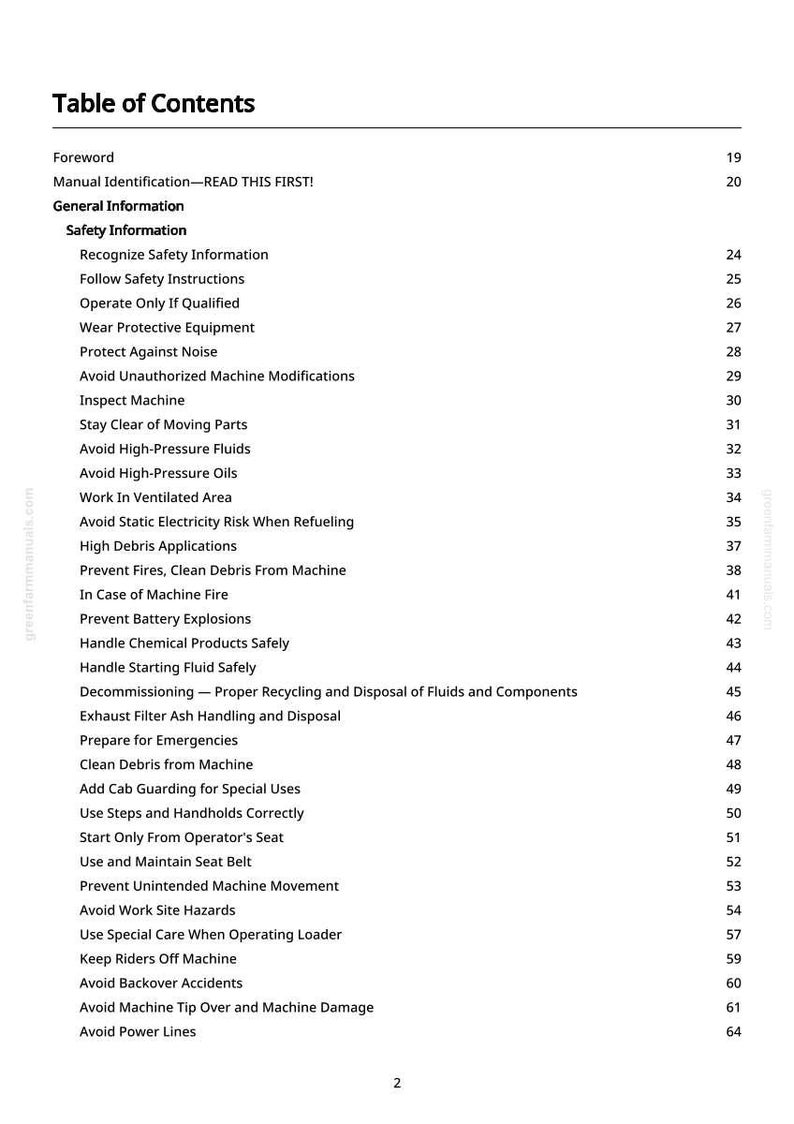 May include: A page from a manual with a "Table of Contents." The text details safety information, including instructions on operating machinery safely, avoiding hazards, and emergency procedures. The page is white with black text.