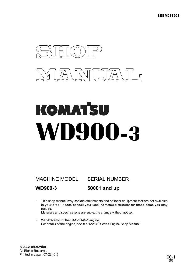 May include: Shop manual for Komatsu WD900-3, featuring the Komatsu logo and model information. The cover includes the text "SHOP MANUAL" in a bold, outlined font, along with the machine model and serial number.