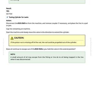 May include: A page from a manual with instructions for testing a cylinder for leaks. The text includes steps to disconnect lines, cap fittings, and check for oil leaks. A caution is also included.
