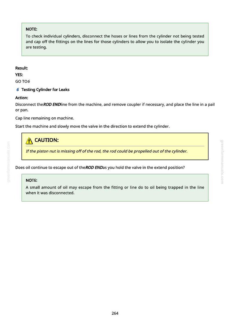 May include: A page from a manual with instructions for testing a cylinder for leaks. The text includes steps to disconnect lines, cap fittings, and check for oil leaks. A caution is also included.