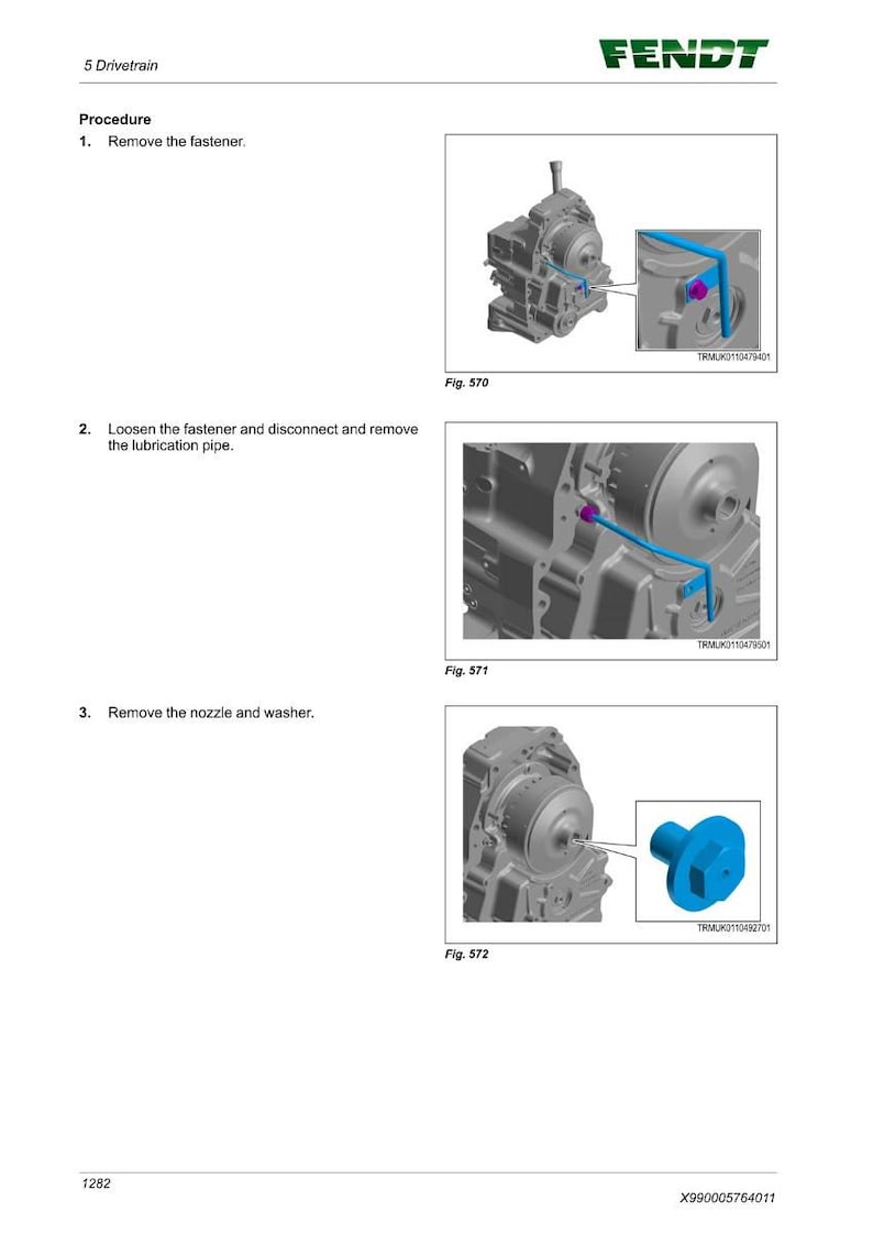 K&ouml;nnte beinhalten: Diagramm aus einem Fendt-Handbuch mit Antriebsstrangkomponenten. Das Bild enth&auml;lt detaillierte Illustrationen von Verfahren wie dem Entfernen von Befestigungselementen, dem L&ouml;sen von Rohren und dem Entfernen von D&uuml;sen. Das Fendt-Logo ist oben sichtbar.