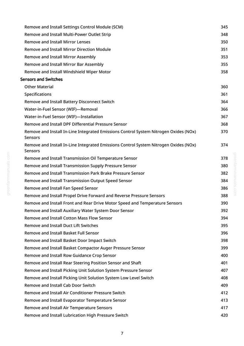 May include: A manual page detailing automotive repair procedures, such as sensor and switch replacements. The text is black on a white background, with page numbers on the right. The manual covers various components.