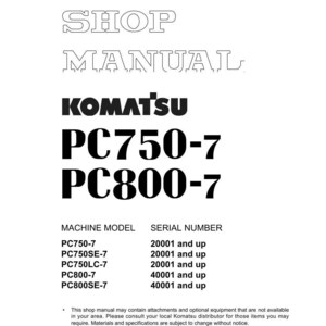 Pu&ograve; includere: Un manuale di officina bianco con il logo Komatsu e i numeri di modello PC750-7 e PC800-7. Il manuale elenca i modelli di macchine e i numeri di serie. Il documento &egrave; stampato in Giappone.