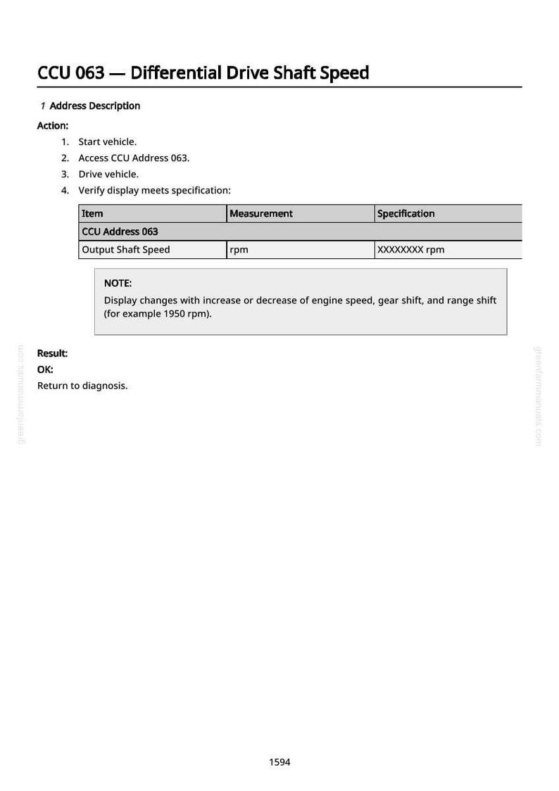 Peut inclure: Document technique intitul&eacute; &laquo; CCU 063 - Vitesse du diff&eacute;rentiel de l'arbre de transmission &raquo;. Il contient des instructions pour le diagnostic des v&eacute;hicules, d&eacute;taillant les &eacute;tapes d'acc&egrave;s et de v&eacute;rification des donn&eacute;es relatives &agrave; l'adresse CCU 063 et &agrave; la vitesse de l'arbre de sortie en tr/min.