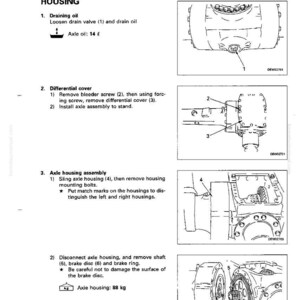 Pu&ograve; includere: Diagramma tecnico che illustra lo smontaggio di un alloggiamento dell'asse, dettagliando passaggi come lo scarico dell'olio, la rimozione del coperchio del differenziale e il montaggio dell'alloggiamento. Include misure e numeri di parte.
