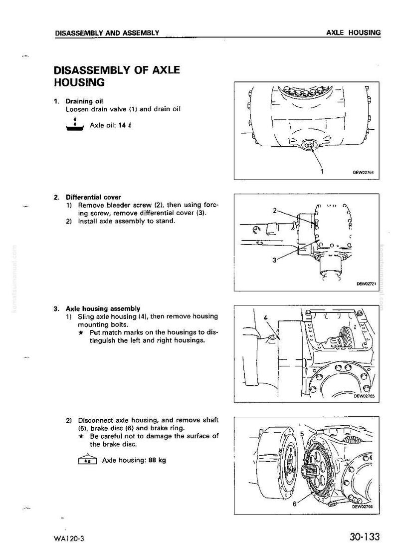 Pu&ograve; includere: Diagramma tecnico che illustra lo smontaggio di un alloggiamento dell'asse, dettagliando passaggi come lo scarico dell'olio, la rimozione del coperchio del differenziale e il montaggio dell'alloggiamento. Include misure e numeri di parte.