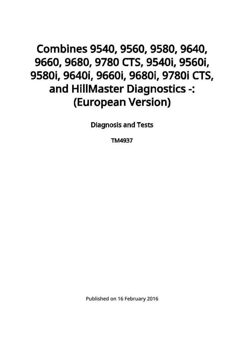 Op de afbeelding: Witte pagina met zwarte tekst. De tekst bevat een lijst met nummers en de zin "HillMaster Diagnostics -: (European Version)". De tekst bevat ook "Diagnosis and Tests" en "TM4937". Gepubliceerd op 16 februari 2016.