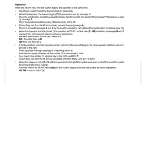 K&ouml;nnte beinhalten: Seite aus einem technischen Handbuch mit dem Titel &bdquo;Struktur und Funktion&ldquo;. Der Text beschreibt die Funktionsweise eines Hydrauliksystems, einschlie&szlig;lich Komponenten wie Hubarmspulen, Eimerspulen und Durchflussteiler. Die Seite enth&auml;lt Diagramme und Gleichungen.