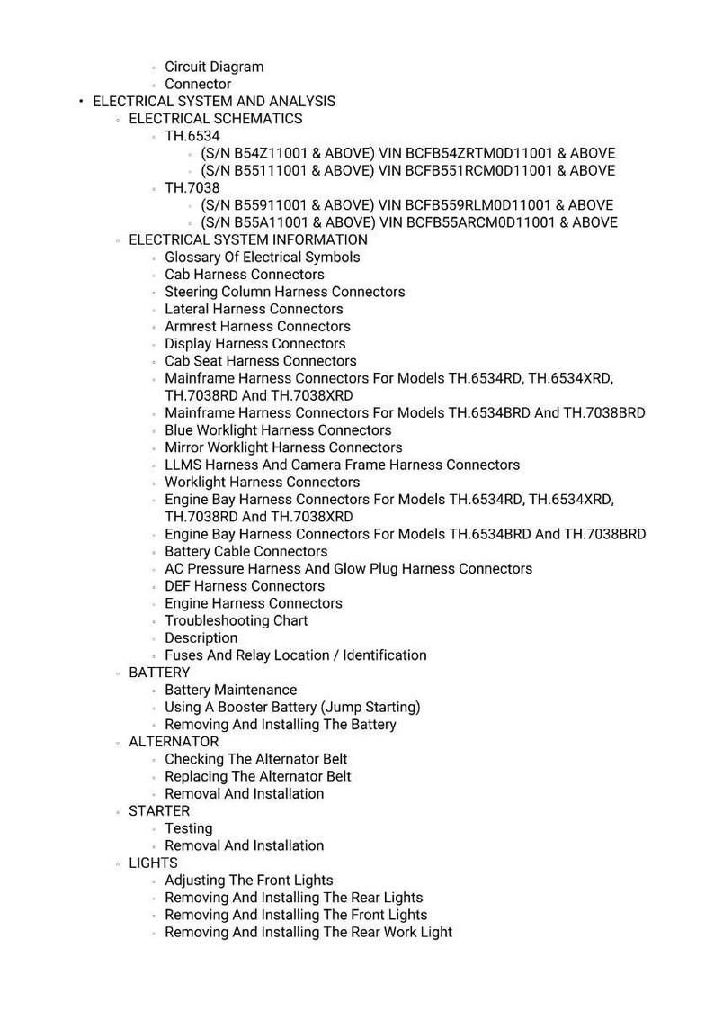 May include: A detailed electrical system diagram with a list of components, including schematics, connectors, and maintenance procedures. The text includes information on battery, alternator, starter, and lights.