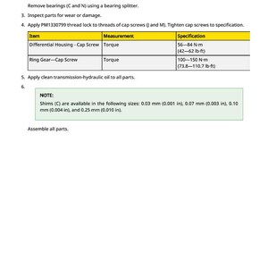 May include: A technical document with instructions for mechanical assembly. It includes notes on bearings, torque specifications, and shim sizes in inches and pounds. The document also has a table with torque measurements.