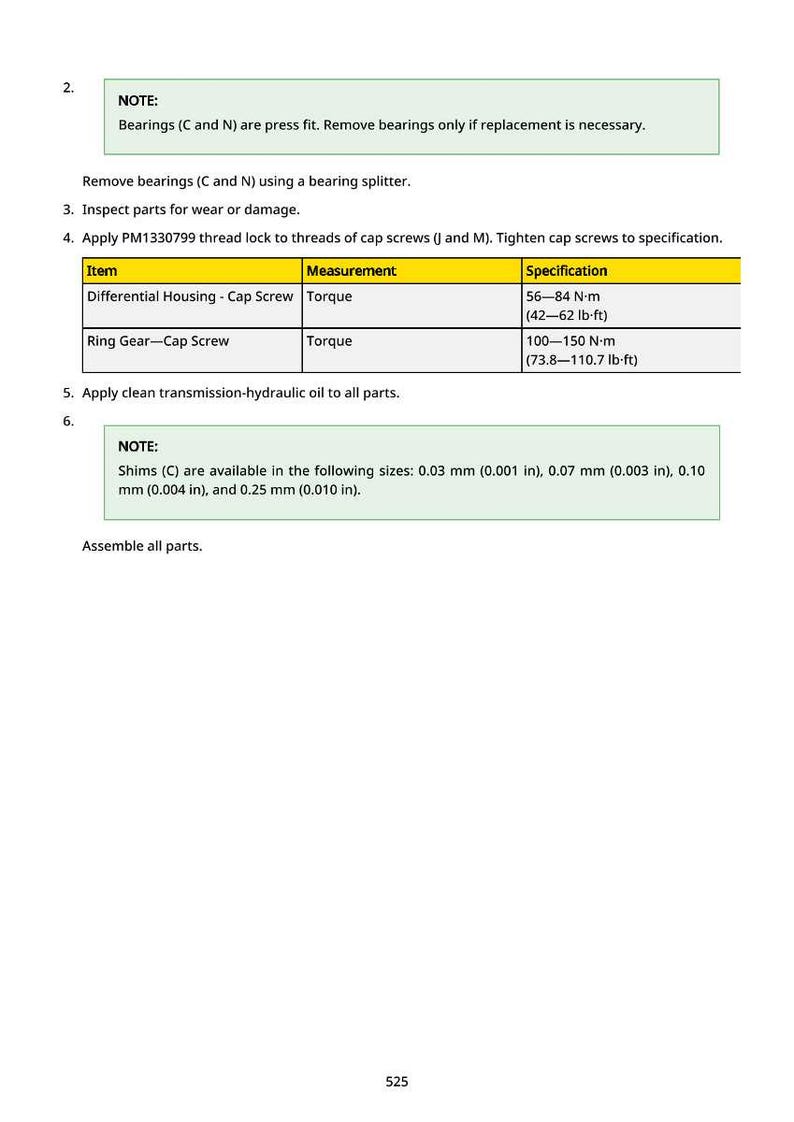 May include: A technical document with instructions for mechanical assembly. It includes notes on bearings, torque specifications, and shim sizes in inches and pounds. The document also has a table with torque measurements.