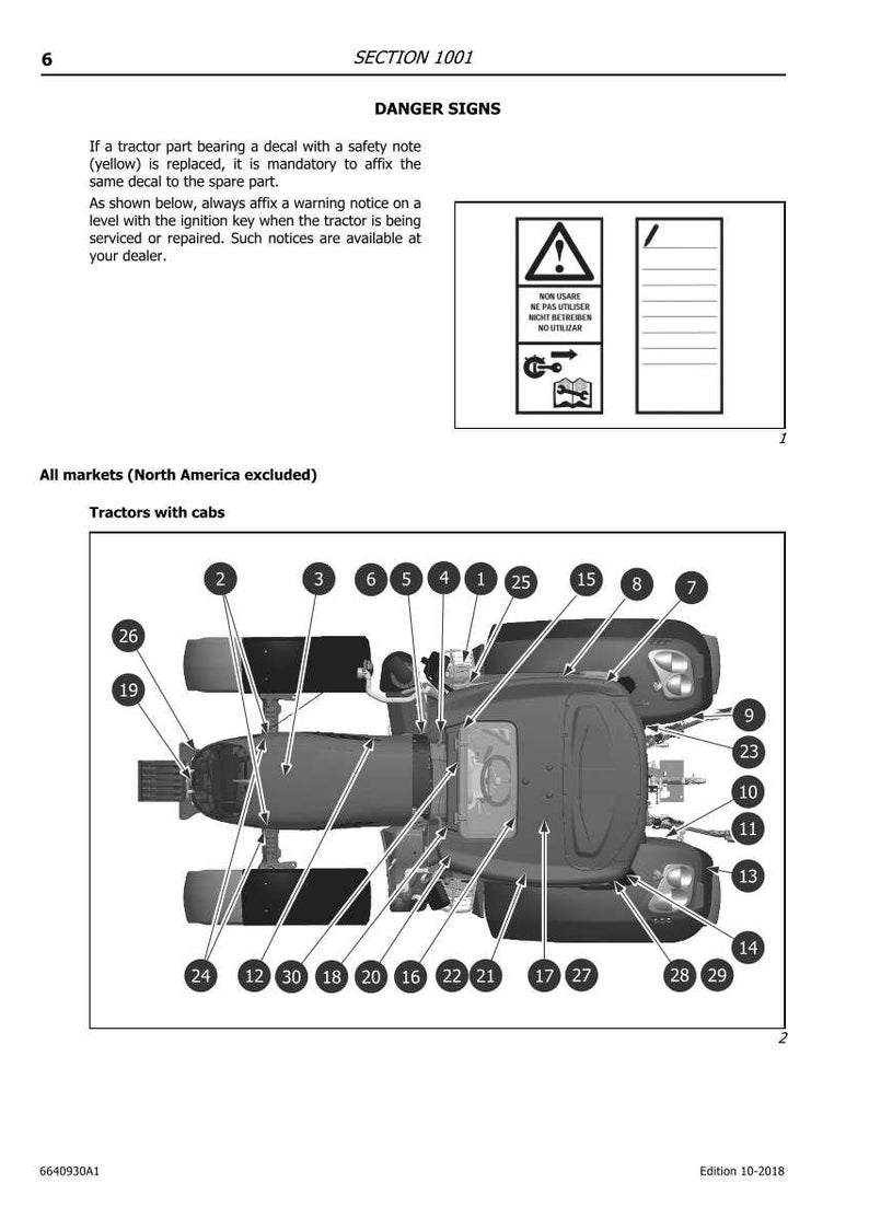 May include: Diagram of a tractor with cabs, showing various numbered parts. The image includes safety warnings and instructions. Text includes "DANGER SIGNS" and "SECTION 1001".