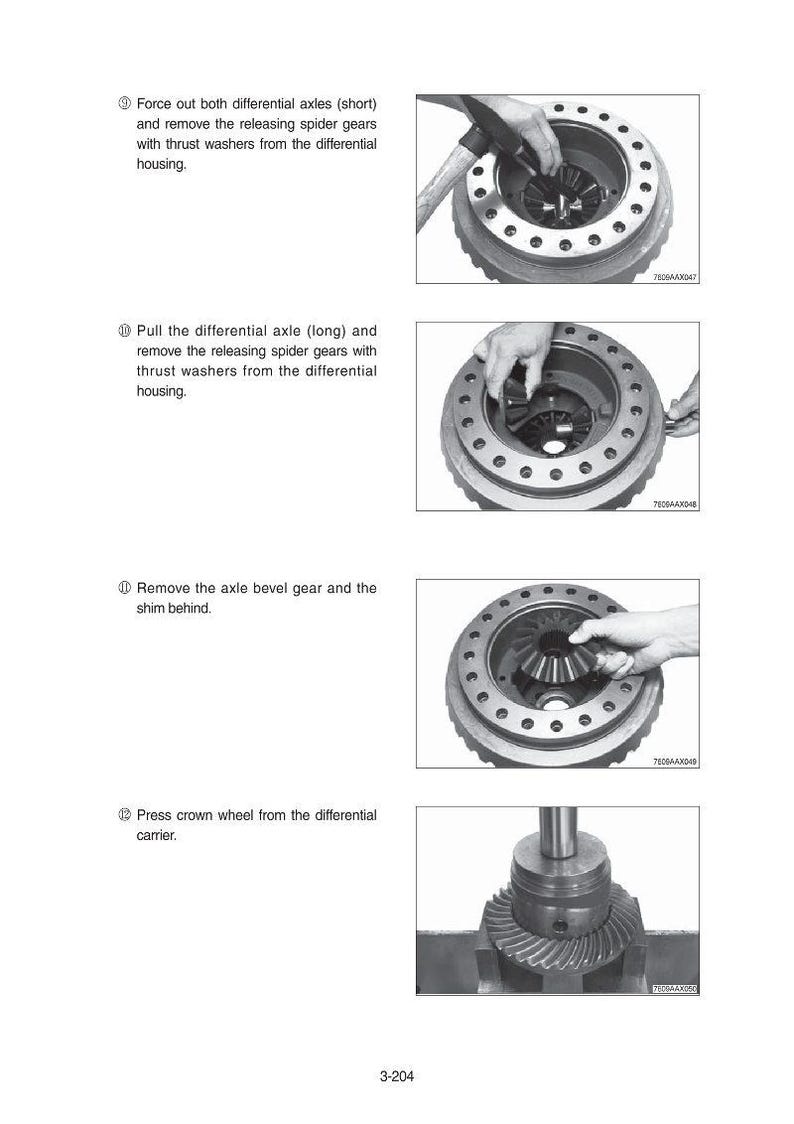 May include: A technical diagram illustrating the disassembly of a differential. The image shows various steps, including removing axles, gears, and the crown wheel. Text accompanies each step, providing instructions for the process.