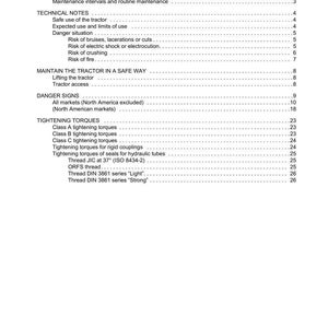 May include: A white document with the title "CONTENTS" and a list of topics including "INTRODUCTION", "TECHNICAL NOTES", and "TIGHTENING TORQUES". The document is for a 7 Series Robo-Six Dynamic tractor.
