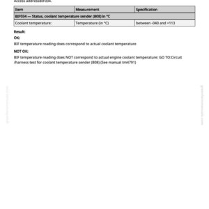 May include: A white page with text detailing a coolant temperature sender test. The text includes instructions, specifications, and results for checking the temperature values. The temperature range is between -040 and +113 degrees Celsius.