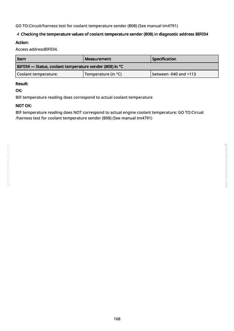 May include: A white page with text detailing a coolant temperature sender test. The text includes instructions, specifications, and results for checking the temperature values. The temperature range is between -040 and +113 degrees Celsius.