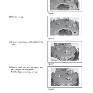 May include: Diagrams of mechanical components, including gears and bolts, with accompanying text instructions. The images are labeled as Figure 24, 25, 26, and 27. The text includes instructions such as "Take out nuts, gaskets and flange of input axle."