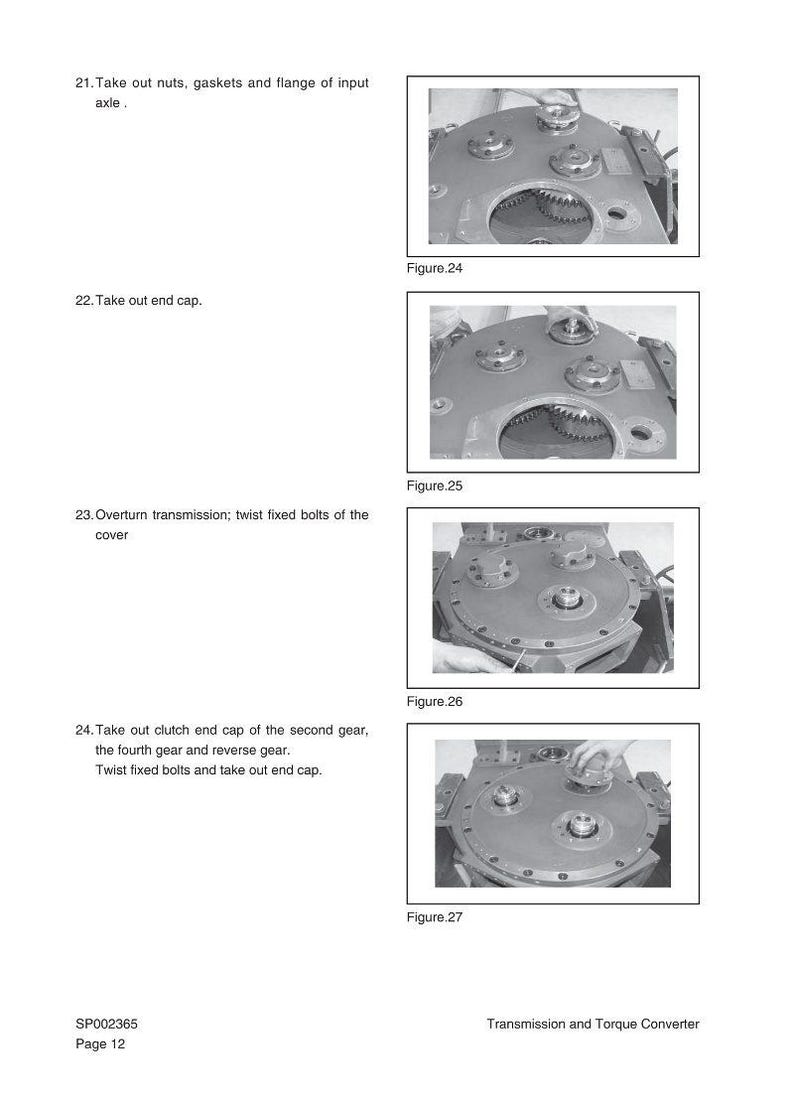May include: Diagrams of mechanical components, including gears and bolts, with accompanying text instructions. The images are labeled as Figure 24, 25, 26, and 27. The text includes instructions such as "Take out nuts, gaskets and flange of input axle."