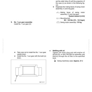Puede incluir: Diagrama t&eacute;cnico con instrucciones para el montaje de componentes de maquinaria. Incluye texto sobre la instalaci&oacute;n de un conjunto de soporte, un conjunto de motor oscilante y un engranaje solar. Tambi&eacute;n muestra especificaciones para los pernos de montaje y el rellenado de aceite.