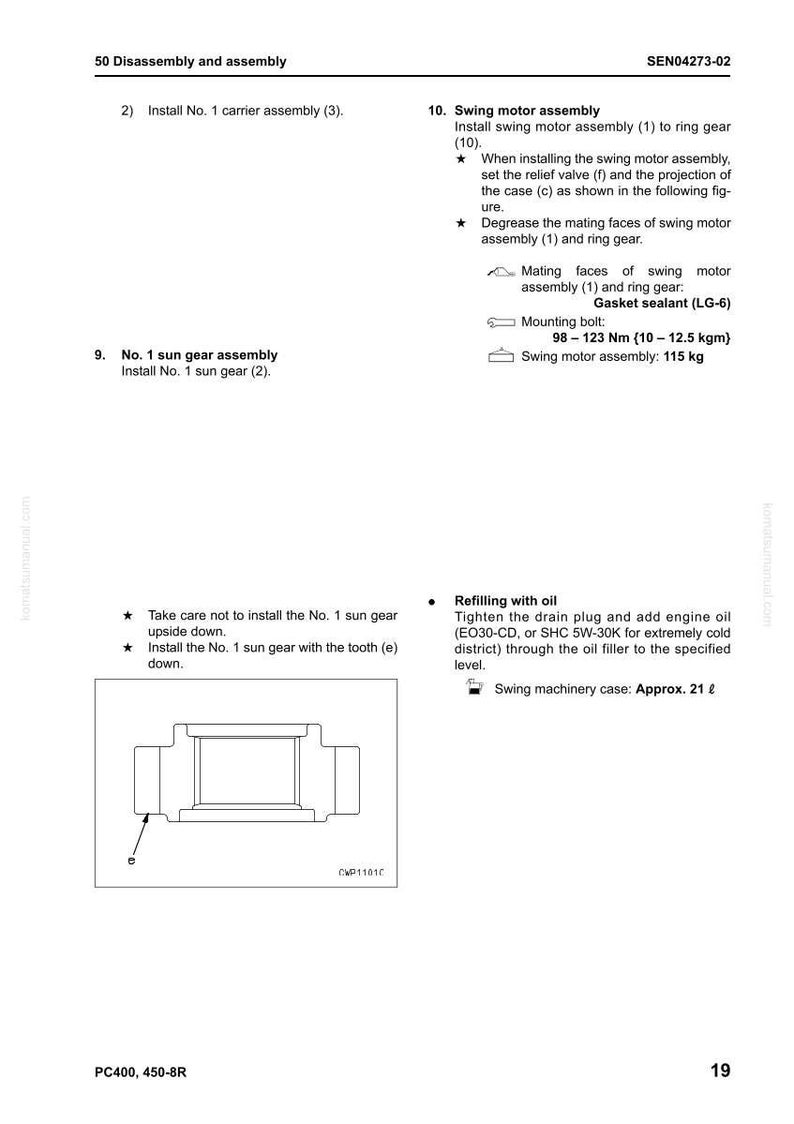 Puede incluir: Diagrama t&eacute;cnico con instrucciones para el montaje de componentes de maquinaria. Incluye texto sobre la instalaci&oacute;n de un conjunto de soporte, un conjunto de motor oscilante y un engranaje solar. Tambi&eacute;n muestra especificaciones para los pernos de montaje y el rellenado de aceite.