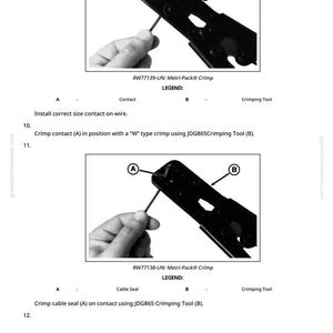 May include: Diagram of a black crimping tool with a wire and contact. The tool is labeled with letters A and B, and the text reads "RW77139-UN: Metri-Pack&reg; Crimp". Instructions for crimping are also included.
