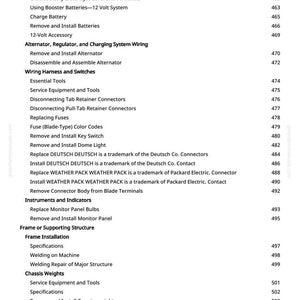 May include: A white page with a detailed table of contents, listing automotive repair procedures. Topics include battery maintenance, wiring, and frame installation, with page numbers on the right.