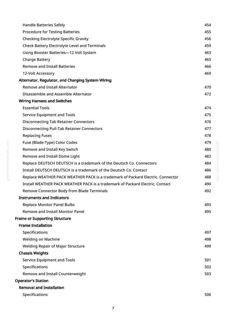 May include: A white page with a detailed table of contents, listing automotive repair procedures. Topics include battery maintenance, wiring, and frame installation, with page numbers on the right.