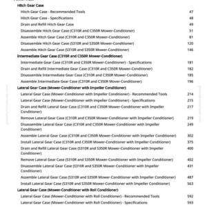 May include: A white page from a manual with a table of contents. The text includes topics like "Hitch Gear Case", "Lateral Gear Case", and "Intermediate Gear Case". Page numbers are listed on the right.