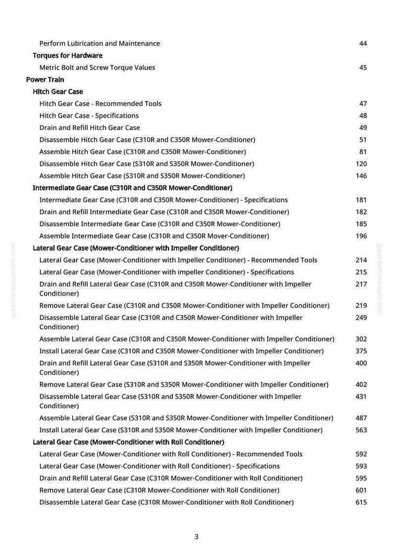 May include: A white page from a manual with a table of contents. The text includes topics like "Hitch Gear Case", "Lateral Gear Case", and "Intermediate Gear Case". Page numbers are listed on the right.