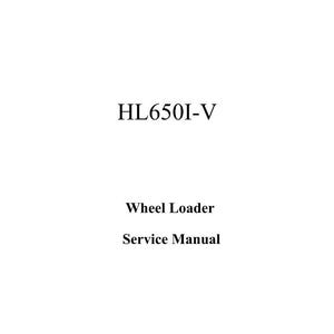 Puede incluir: Manual de servicio blanco con el logotipo de HYUNDAI en la parte superior. El texto "HL650I-V" est&aacute; centrado debajo del logotipo. Debajo, el texto dice "Wheel Loader Service Manual".