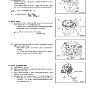 Może przedstawiać: Schemat instrukcji demontażu i montażu mechanizmu r&oacute;żnicowego. Zawiera ilustracje nośnika łożyska, tłoka hamulcowego i procedur testowania wycieku oleju hamulcowego. Tekst zawiera pomiary w Nm i kgm.