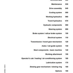 Może przedstawiać: Biały dokument Servicemanual z indeksem. Dokument zawiera sekcje takie jak &bdquo;Wprowadzenie&rdquo;, &bdquo;Dane techniczne&rdquo;, &bdquo;Konserwacja&rdquo; i &bdquo;Montaż napędu&rdquo;. Dokument pochodzi od firmy LIEBHERR.