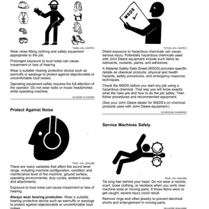 May include: A safety manual page with black and white illustrations and text. Topics include wearing protective clothing, handling chemicals safely, protecting against noise, and servicing machines safely. The page has the number 05-5 at the bottom.