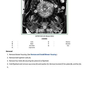 May include: Diagram titled "Remove and Install Flywheel" with a detailed view of an engine's internal components. The image includes labels for coils, bolts, fan plate, cap screw, washer, bracket, and fan, with a step-by-step removal guide.