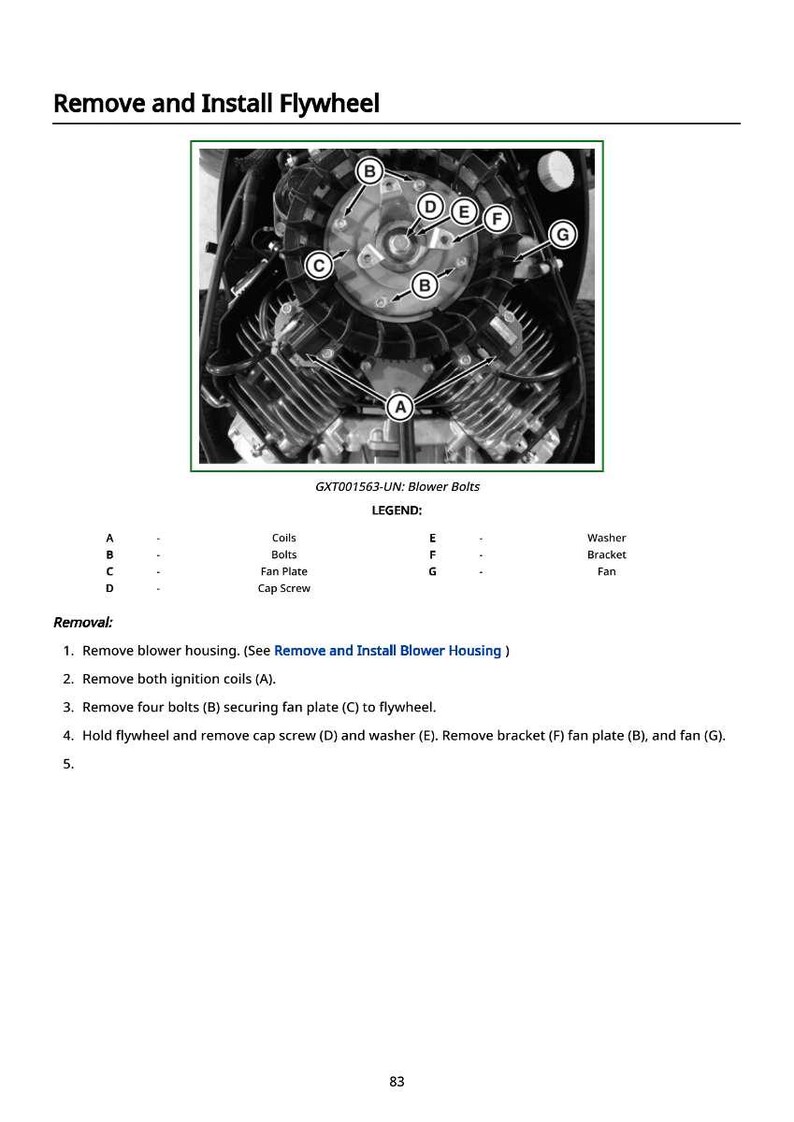 May include: Diagram titled "Remove and Install Flywheel" with a detailed view of an engine's internal components. The image includes labels for coils, bolts, fan plate, cap screw, washer, bracket, and fan, with a step-by-step removal guide.