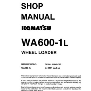 May include: A white shop manual cover with black text. The title reads "SHOP MANUAL KOMATSU WA600-1L WHEEL LOADER." Additional text includes machine model, serial numbers, and copyright information.