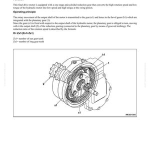 May include: Diagram of a final drive reduction gearing system, with labels for components like gears and shafts. The image includes text describing the function and operating principle of the system, along with a formula for calculating the reduction ratio.