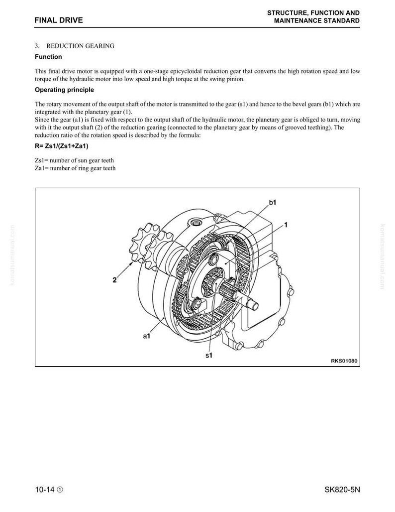 May include: Diagram of a final drive reduction gearing system, with labels for components like gears and shafts. The image includes text describing the function and operating principle of the system, along with a formula for calculating the reduction ratio.