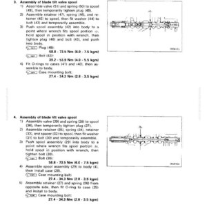 May include: Technical diagram of a main control valve, detailing disassembly and assembly procedures for blade tilt and lift valve spools. Includes torque specifications in Newton-meters and kilogram-meters.