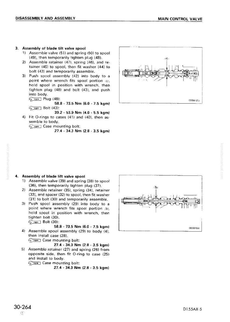 May include: Technical diagram of a main control valve, detailing disassembly and assembly procedures for blade tilt and lift valve spools. Includes torque specifications in Newton-meters and kilogram-meters.