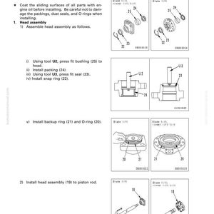 Op de afbeelding: Diagram van de montage van een hydraulische cilinder, met gedetailleerde illustraties van onderdelen. Bevat onderdelen zoals bussen, pakkingen, afdichtingen en O-ringen. Tekstinstructies voor de montage.