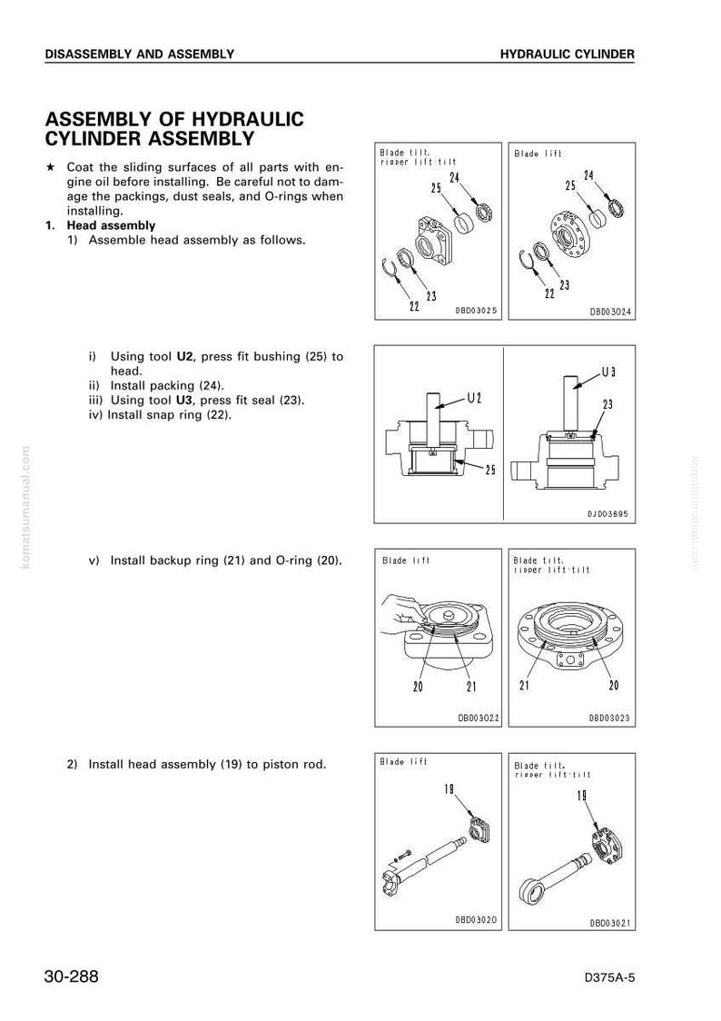 Op de afbeelding: Diagram van de montage van een hydraulische cilinder, met gedetailleerde illustraties van onderdelen. Bevat onderdelen zoals bussen, pakkingen, afdichtingen en O-ringen. Tekstinstructies voor de montage.