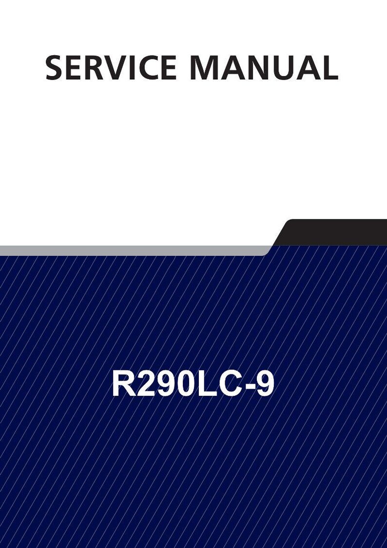 May include: A service manual with the text "SERVICE MANUAL" in a bold, black font at the top. The bottom section features the text "R290LC-9" in white. The background is a dark blue with white diagonal lines.