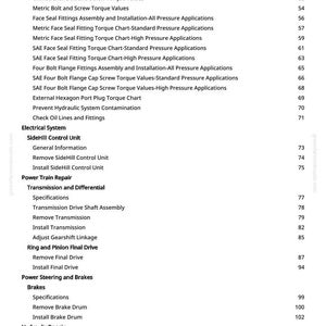 May include: A page from a manual with a table of contents. The text includes specifications, dimensions, and repair sections for the electrical system, power train, and hydraulic valves. The page number is 3.