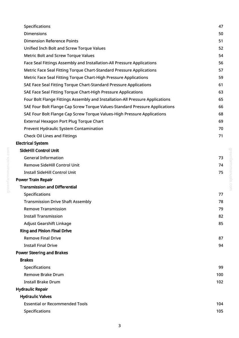 May include: A page from a manual with a table of contents. The text includes specifications, dimensions, and repair sections for the electrical system, power train, and hydraulic valves. The page number is 3.