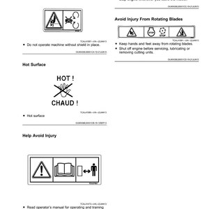 May include: A page of safety labels with black and white warning symbols. The labels warn about rotating blades, hot surfaces, and the importance of reading the manual. Text includes "Keep All Shields in Place" and "Avoid Injury From Rotating Blades."